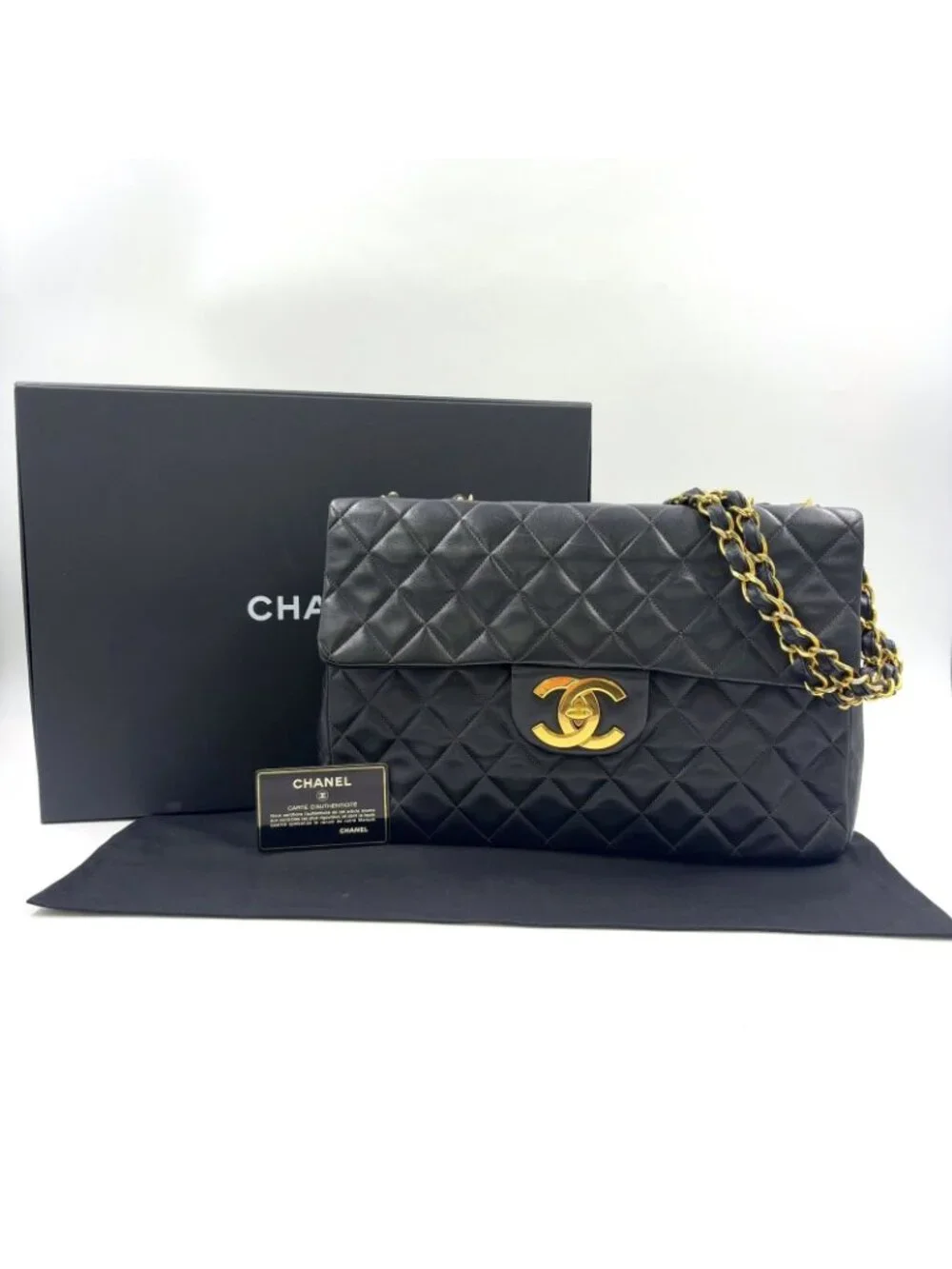 Chanel Maxi Quilted 34 Lambskin Black Chain Shoulder Bag Gold